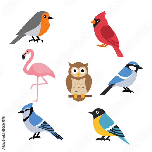 A set of flat design bird illustrations featuring a robin, cardinal, flamingo, owl, blue jay, and other colorful songbirds, perfect for nature or wildlife-themed content photo