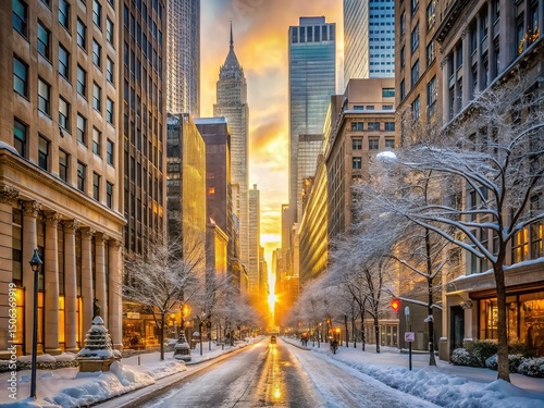 Golden Sunrise on a Snowy City Street in New York City