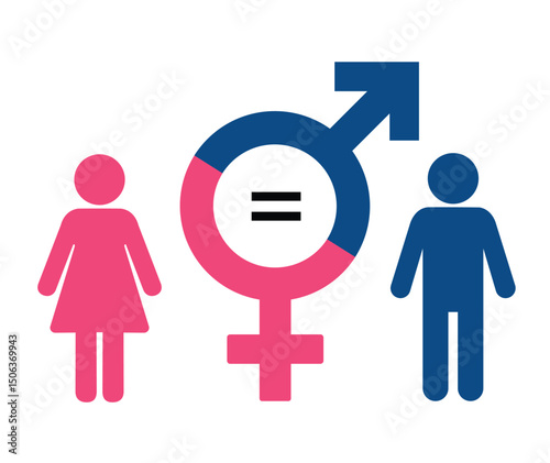 Gender equality concept with male and female symbols and equal sign in center representing balance and inclusivity