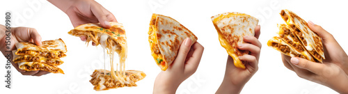 Set of hand holding quesadilla tortilla, with different ingredients style, with melting dripping cheese, beef cheese chicken guacamole on transparent cutout PNG. Mockup template for artwork	
