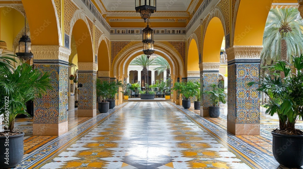 Fototapeta premium Ornate interior courtyard with arched walkways and colorful tile work. Lush greenery adds to the ambiance