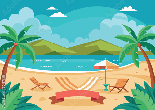 summer vacation travel place beach background with chair mountain vector illustration