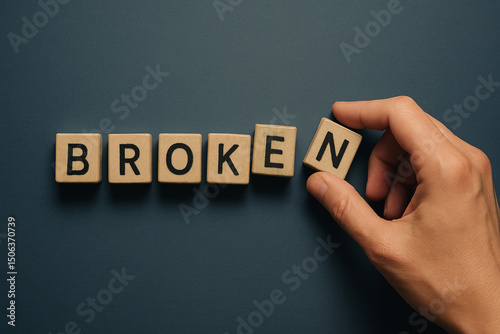 Broken Text Concept – Final Letter Held in a Box Representing Damage, Incompletion, or Struggle photo