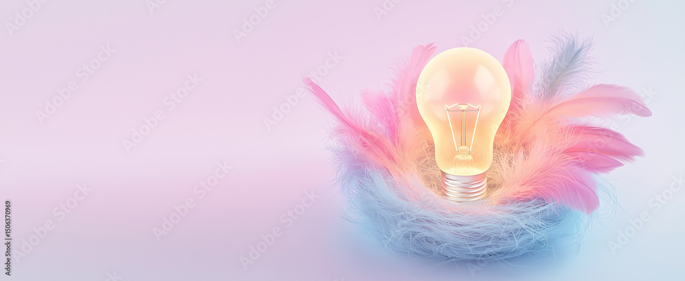 Light bulb nestled in colorful feathers on pastel background Light bulb nestled in colorful feathers on pastel background