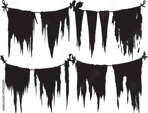 Tattered Banner Silhouette, Halloween Decoration, Grunge Pennant, Creepy Garland Vector
