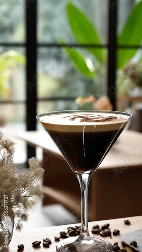 Elegant espresso martini in a glass with a foamy top in a sophisticated lounge setting with coffee beans