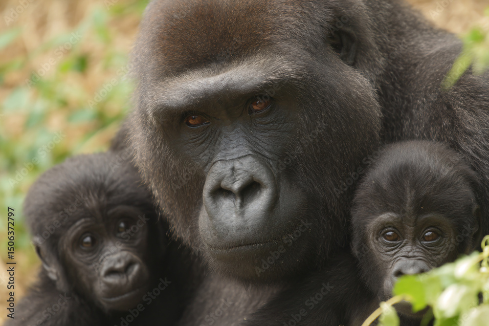 Obraz premium a mother gorilla and her two babies