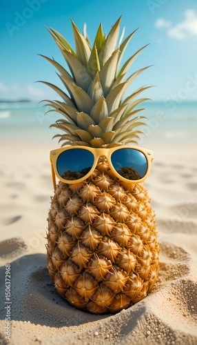 Lustige Ananas mit Sonnenbrille, die entspannt im Sand liegt – Sommerkonzept, tropisches Urlaubsgefühl, realistisches Foto photo