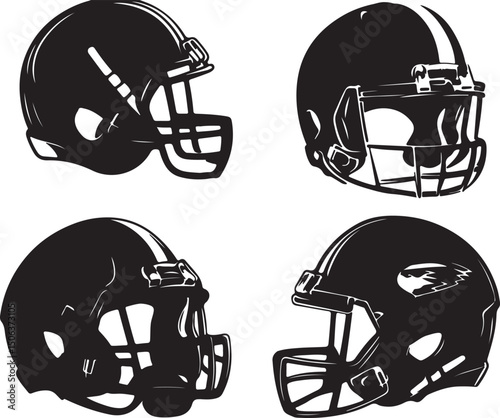 Football Helmets Vector Illustration, Sport Equipment, Black and White Graphic Design Set