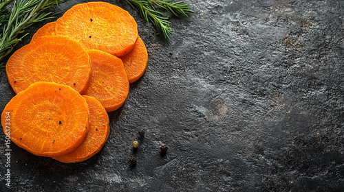 Top-view carrot slices fill the frame in a seamless pattern with caption space—symbolizing health, vitality, natural simplicity, and the vibrant rhythm of plant-based nutrition.

