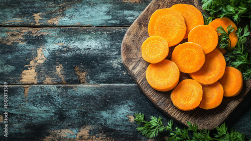 Top-view carrot slices fill the frame in a seamless pattern with caption space—symbolizing health, vitality, natural simplicity, and the vibrant rhythm of plant-based nutrition.
