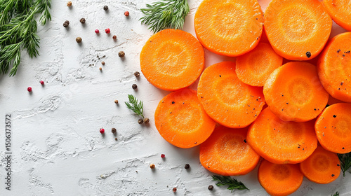 Top-view carrot slices fill the frame in a seamless pattern with caption space—symbolizing health, vitality, natural simplicity, and the vibrant rhythm of plant-based nutrition.
