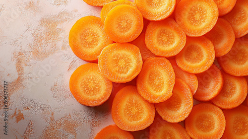 Top-view carrot slices fill the frame in a seamless pattern with caption space—symbolizing health, vitality, natural simplicity, and the vibrant rhythm of plant-based nutrition.
