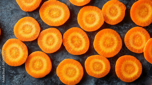 Top-view carrot slices fill the frame in a seamless pattern with caption space—symbolizing health, vitality, natural simplicity, and the vibrant rhythm of plant-based nutrition.
