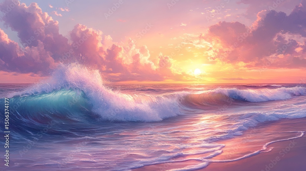 Fototapeta premium Dreamy seascape at sunset with pastel colors and gentle waves creating a calming atmosphere