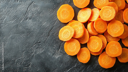 Top-view carrot slices fill the frame in a seamless pattern with caption space—symbolizing health, vitality, natural simplicity, and the vibrant rhythm of plant-based nutrition.

