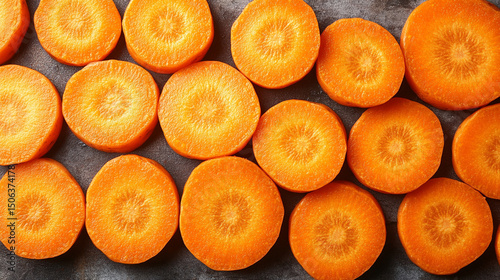 Top-view carrot slices fill the frame in a seamless pattern with caption space—symbolizing health, vitality, natural simplicity, and the vibrant rhythm of plant-based nutrition.
