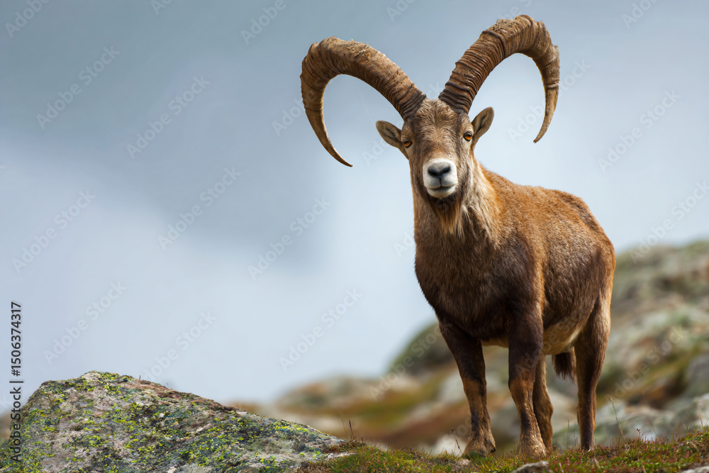 Obraz premium a goat standing on a rocky hill with a cloudy sky in the background