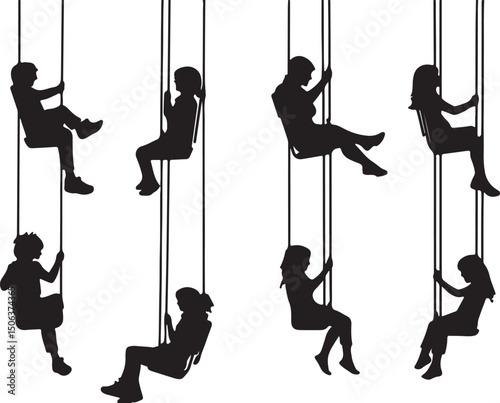 Silhouette Art: Children on Swings, Black and White Illustration, Childhood Fun, Playtime Activity