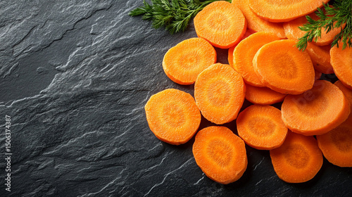 Top-view carrot slices fill the frame in a seamless pattern with caption space—symbolizing health, vitality, natural simplicity, and the vibrant rhythm of plant-based nutrition.

