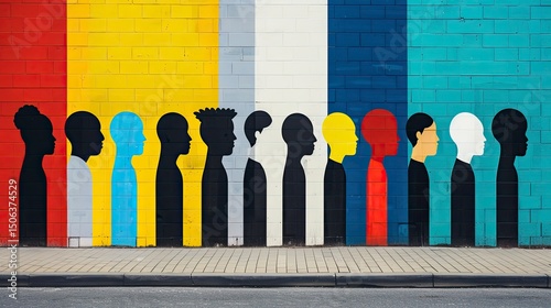 Colorful mural of diverse human profiles