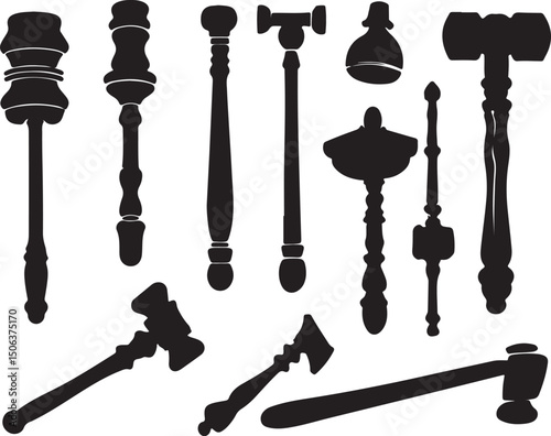 Black Silhouette Collection of Gavel Illustrations: Court, Auction, & Legal Symbol Art