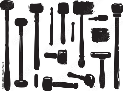 Black and White Vector Illustration of Assorted Mallets and Hammers Tool Set Silhouette Collection