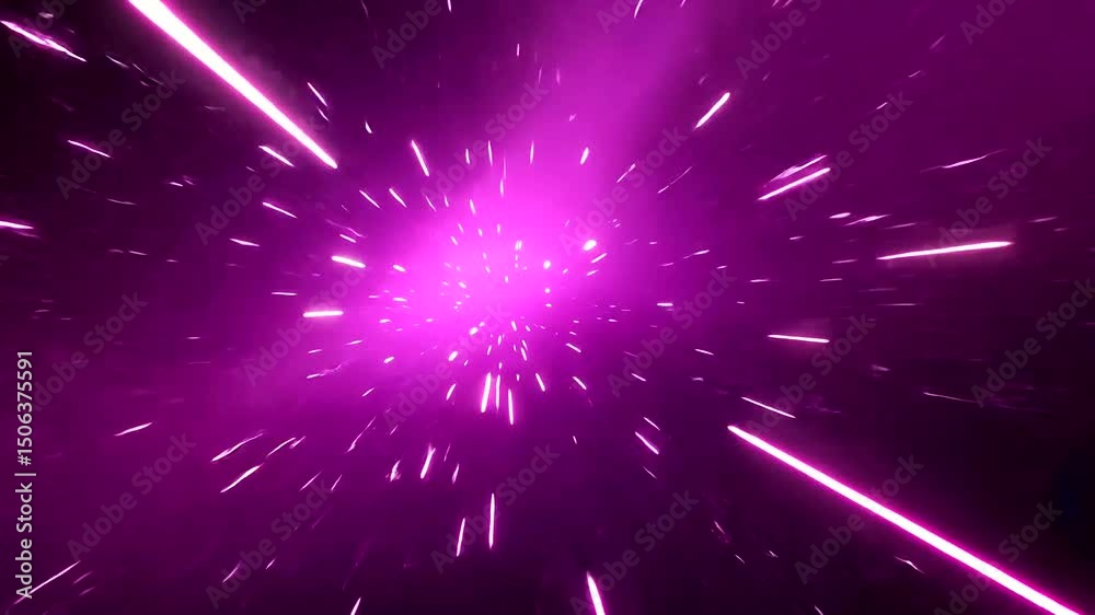 An abstract space tunnel with purple light streaks emitting from a central point against a dark backdrop, creating a sense of speed