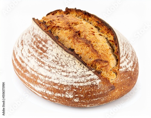 Freshly baked sourdough bread loaf on white background with full depth of field for artisanal or healthy food concept