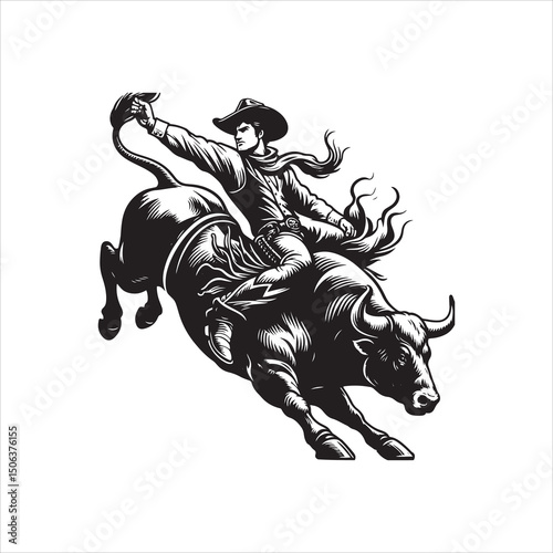 Bull Rodeo Showdown – Cowboy Riding a Bucking Bull in Action

