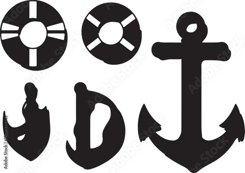 Nautical Vector Art: Anchor, Life Preserver, Sea Elements - Black and White Maritime Clip Art