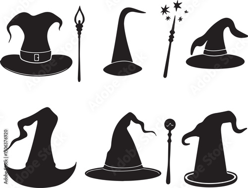 Wizard Hats & Magic Wands Vector Silhouettes: Halloween, Fantasy, Witchcraft, Clip Art Graphics