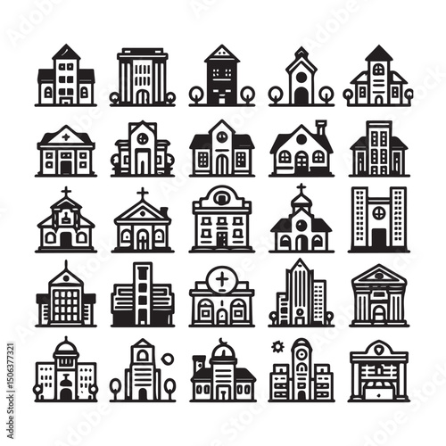 Essential City Icons Set: Bank, Shop, Hotel, Hospital, Home & More