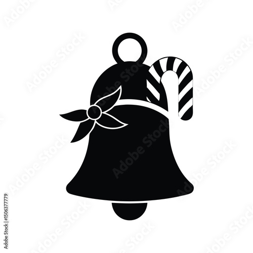 Black and white christmas bell with a flower and candy cane decoration isolated on white