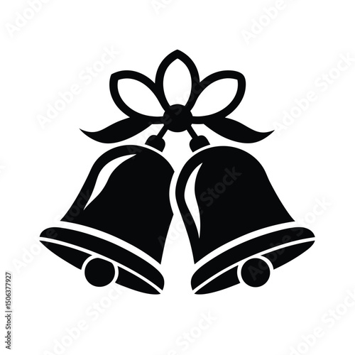 Elegant black and white vector illustration of two festive bells with a decorative bow