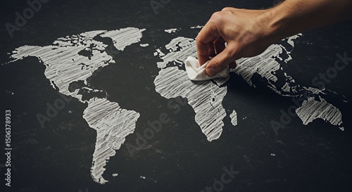 Global Erasure: A Hand Wipes Away a Chalk World Map