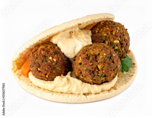 Gluten-free falafel in pita with hummus isolated on white background with clipping path for Middle Eastern or vegan concept