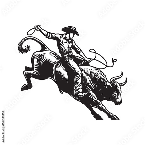 Bull Rodeo Showdown – Cowboy Riding a Bucking Bull in Action

