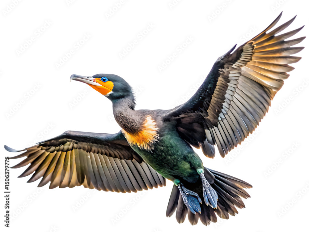 Fototapeta premium Flying cormorant, wings spread, white background