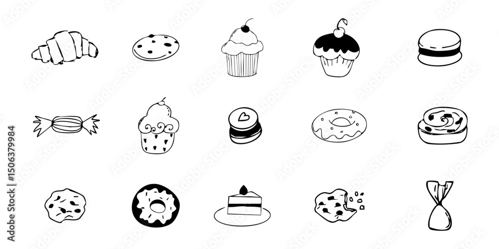 Fototapeta premium Dessert doodle icon set, breakfast bun, donut cupcake and candies sketch hand drawn. Line sweet food scribble texture cafe menu decorations.