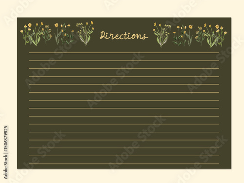 Botanical Recipe Directions Card Template – Dark Green Printable with Yellow Wildflowers. Elegant recipe directions card with hand-drawn watercolor wildflowers in yellow tones on a dark olive green 

