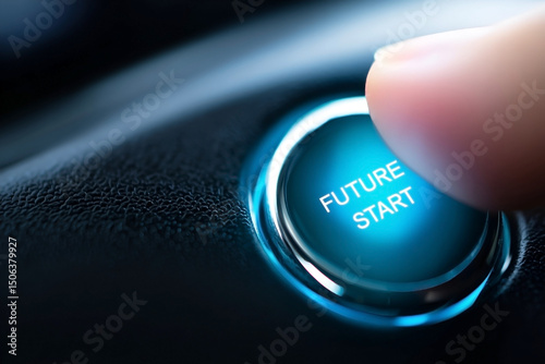 Illuminated button with 'Future Start' text, finger pressing on the button close-up