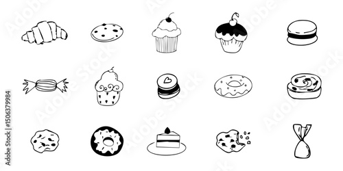 Dessert doodle icon set, breakfast bun, donut cupcake and candies sketch hand drawn. Line sweet food scribble texture cafe menu decorations.
