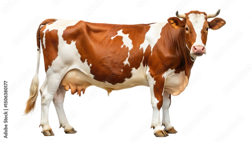 red and white dairy cow, standing isolated on white background, red and white dairy cow, standing isolated on white background,