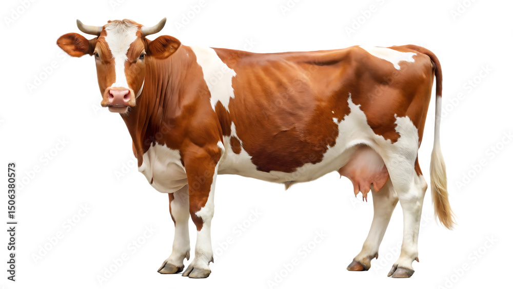 red and white dairy cow, standing isolated on white background, red and white dairy cow, standing isolated on white background,