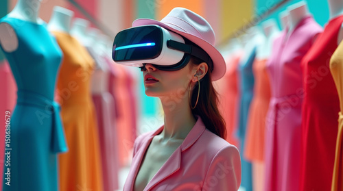 Woman using VR headset in fashion store for virtual shopping experience with colorful dresses