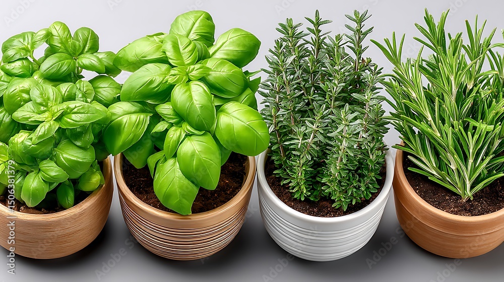 Naklejka premium Fresh Green Herbs in Decorative Pots on Gray Surface for Culinary and Aromatic Use