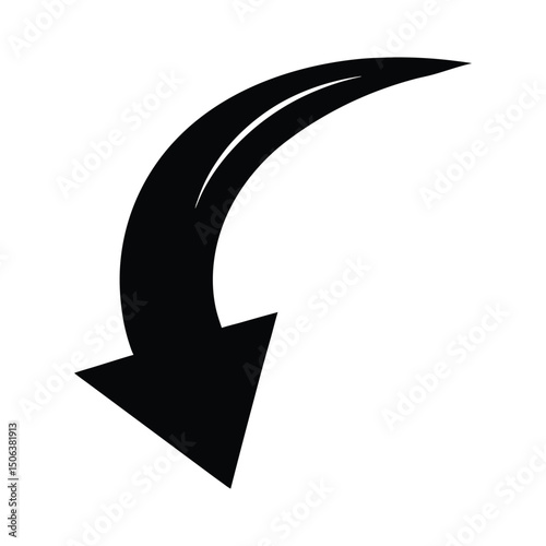 Curving down arrow silhouette white graphics isolated on white background