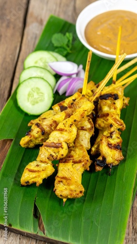 Grilled Satay Chicken Skewers with Peanut Sauce and Fresh Cucumber on Banana Leaf Plate