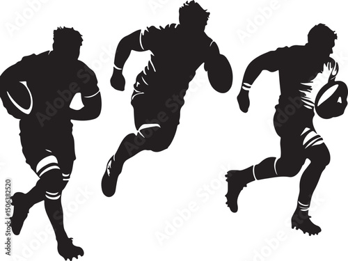 Rugby Players Silhouette Vector: Action Sport Illustration, Running with Ball, Team Sport Graphic